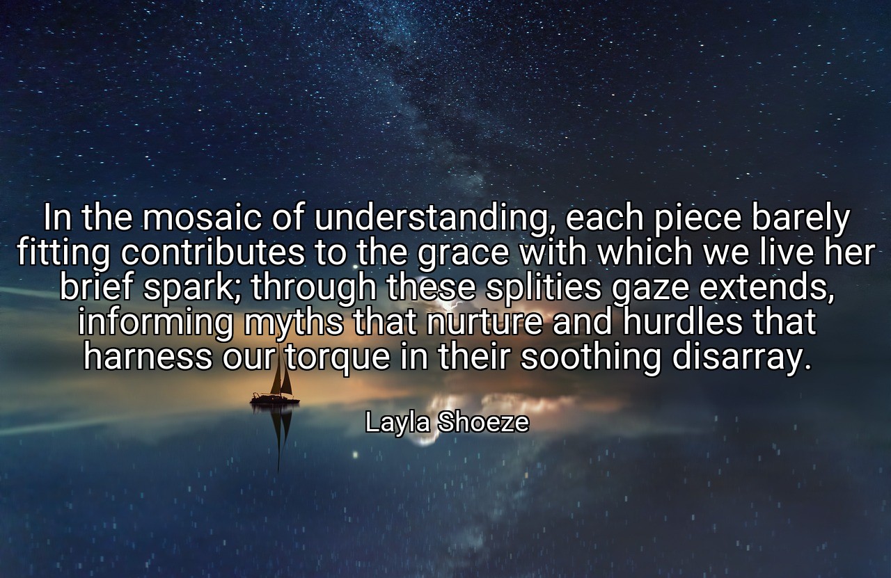 In the mosaic of understanding, each piece barely fitting contributes to the grace with which we live her brief spark; through these splities gaze extends, informing myths that nurture and hurdles that harness our torque in their soothing disarray. - Layla Shoeze