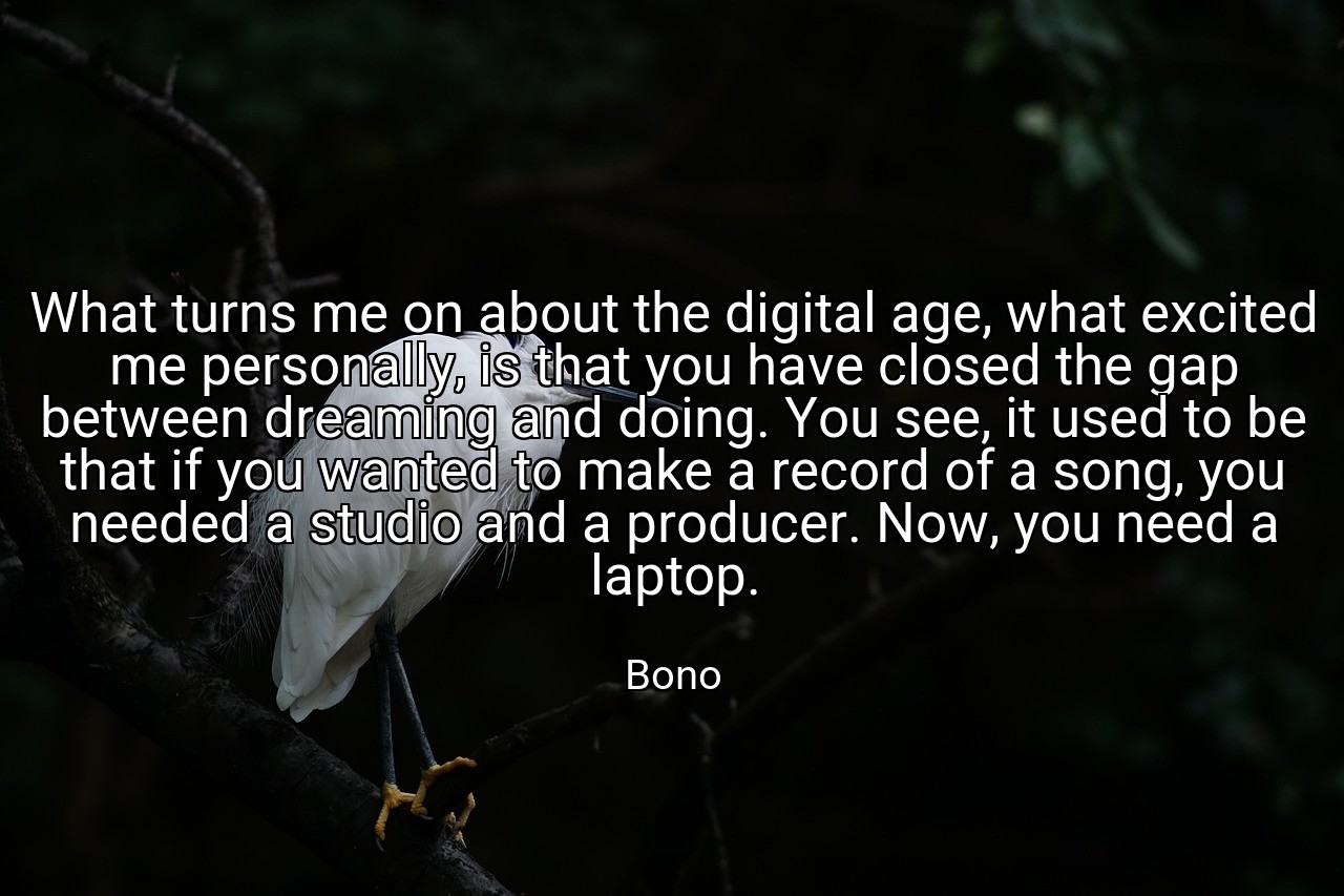 What turns me on about the digital age, what excited me personally, is that you have closed the gap between dreaming and doing. You see, it used to be that if you wanted to make a record of a song, you needed a studio and a producer. Now, you need a laptop. - Bono