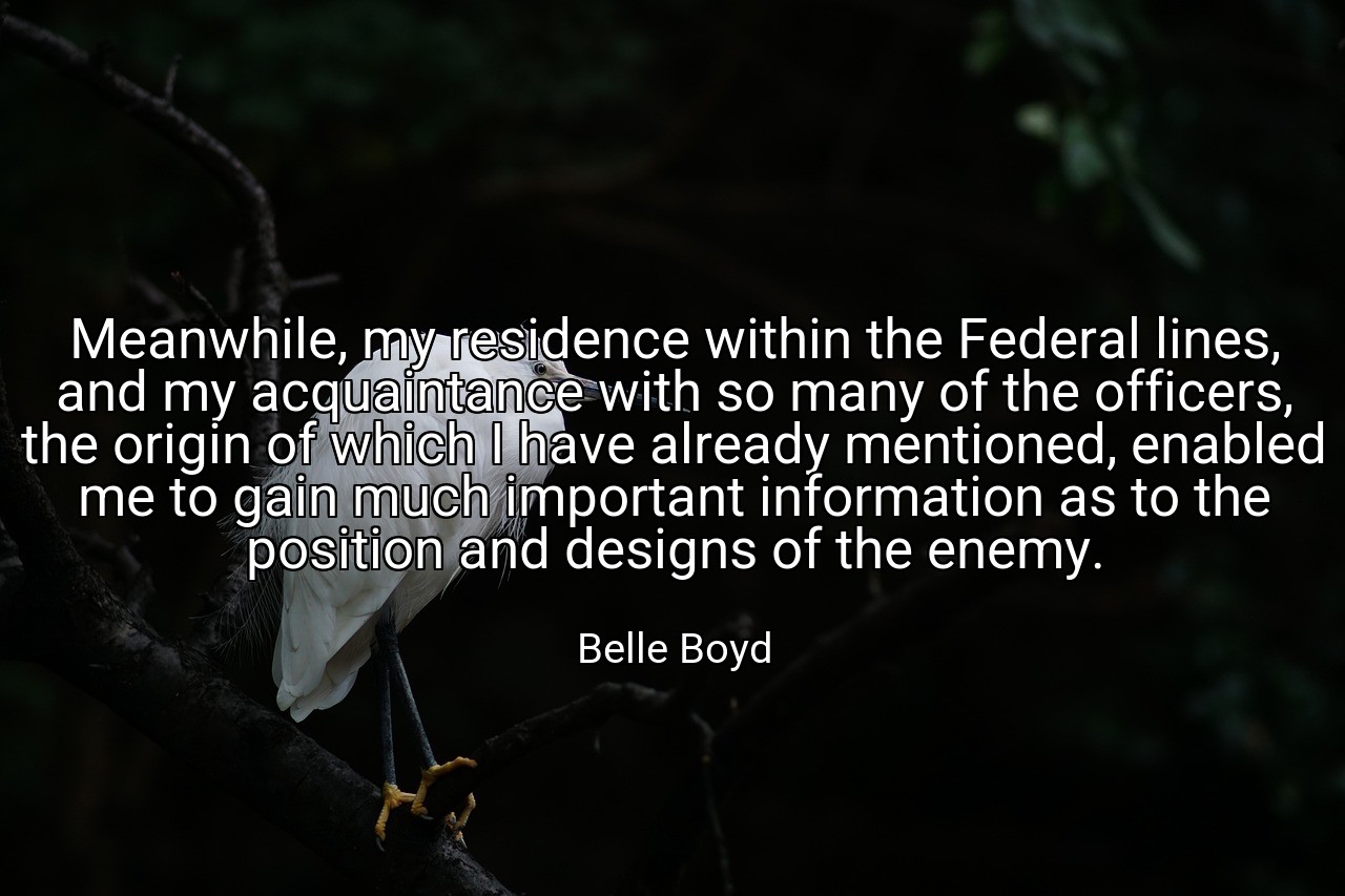 Meanwhile, my residence within the Federal lines, and my acquaintance with so many of the officers, the origin of which I have already mentioned, enabled me to gain much important information as to the position and designs of the enemy. - Belle Boyd