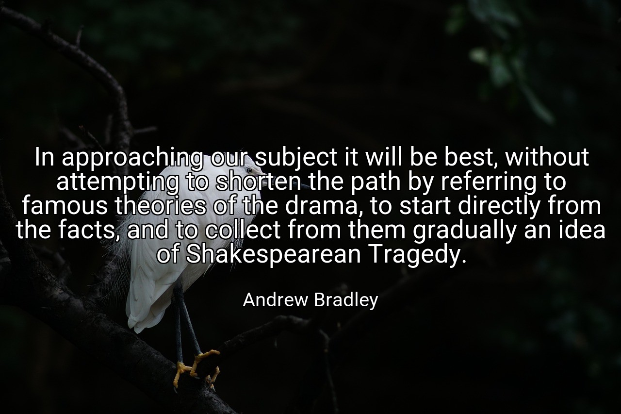 In approaching our subject it will be best, without attempting to shorten the path by referring to famous theories of the drama, to start directly from the facts, and to collect from them gradually an idea of Shakespearean Tragedy. - Andrew Bradley