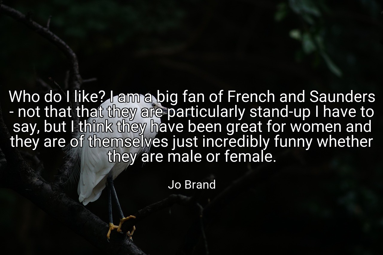 Who do I like? I am a big fan of French and Saunders - not that that they are particularly stand-up I have to say, but I think they have been great for women and they are of themselves just incredibly funny whether they are male or female. - Jo Brand