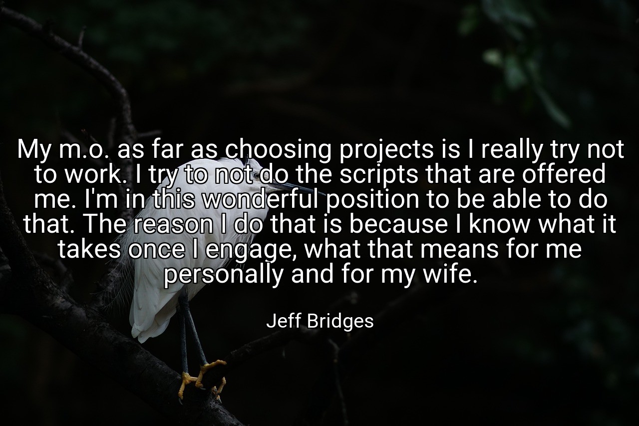 My m.o. as far as choosing projects is I really try not to work. I try to not do the scripts that are offered me. I'm in this wonderful position to be able to do that. The reason I do that is because I know what it takes once I engage, what that means for me personally and for my wife. - Jeff Bridges