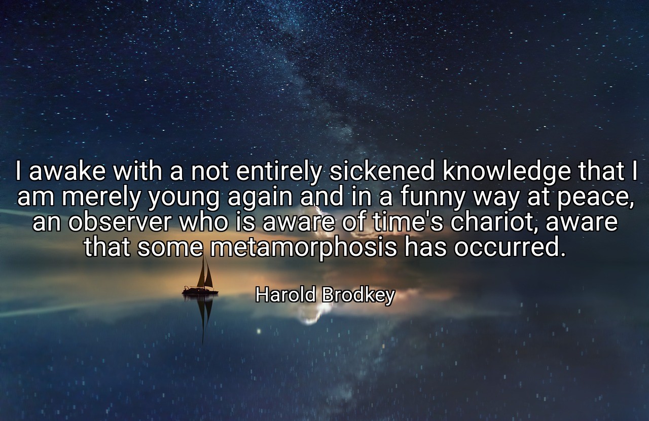 I awake with a not entirely sickened knowledge that I am merely young again and in a funny way at peace, an observer who is aware of time's chariot, aware that some metamorphosis has occurred. - Harold Brodkey