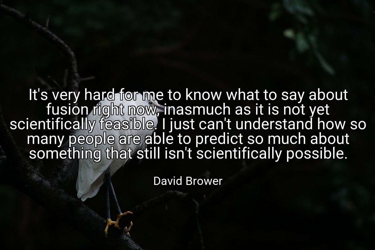 It's very hard for me to know what to say about fusion right now, inasmuch as it is not yet scientifically feasible. I just can't understand how so many people are able to predict so much about something that still isn't scientifically possible. - David Brower