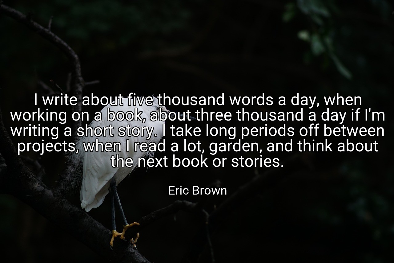 I write about five thousand words a day, when working on a book, about three thousand a day if I'm writing a short story. I take long periods off between projects, when I read a lot, garden, and think about the next book or stories. - Eric Brown