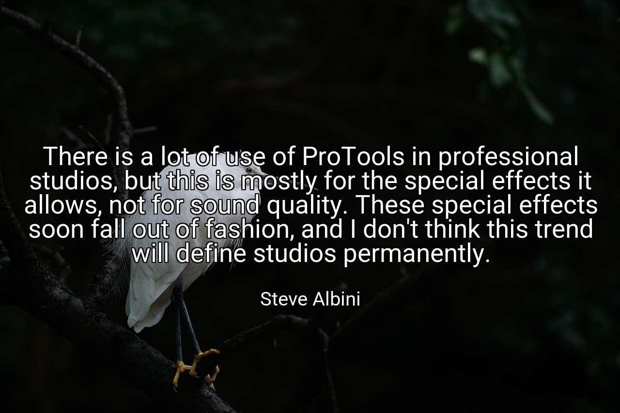 There is a lot of use of ProTools in professional studios, but this is mostly for the special effects it allows, not for sound quality. These special effects soon fall out of fashion, and I don't think this trend will define studios permanently. - Steve Albini