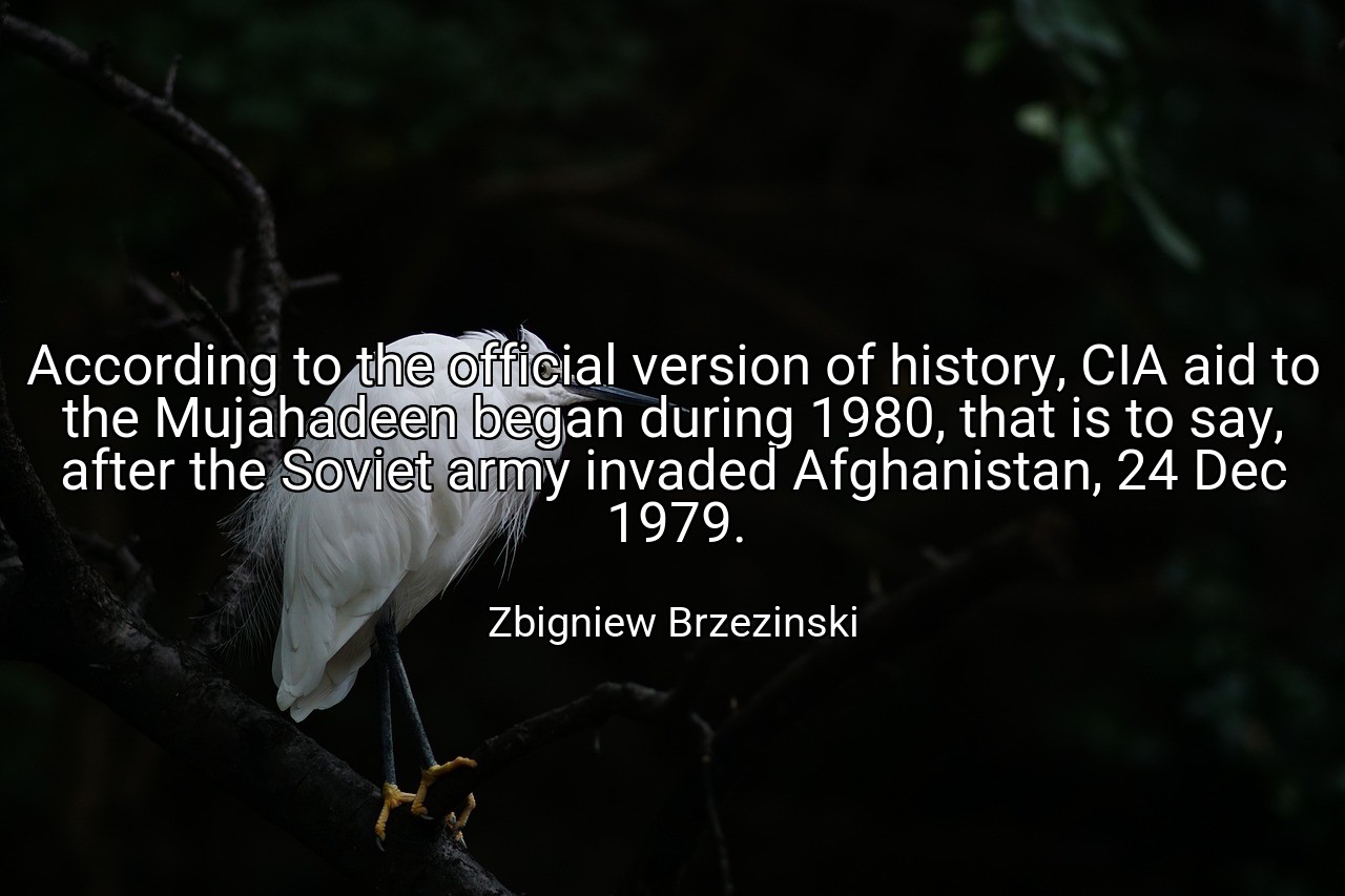 According to the official version of history, CIA aid to the Mujahadeen began during 1980, that is to say, after the Soviet army invaded Afghanistan, 24 Dec 1979. - Zbigniew Brzezinski