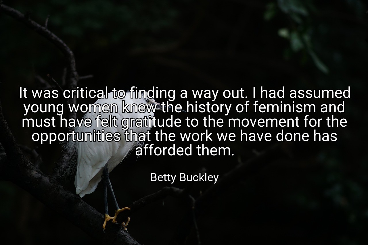 It was critical to finding a way out. I had assumed young women knew the history of feminism and must have felt gratitude to the movement for the opportunities that the work we have done has afforded them. - Betty Buckley