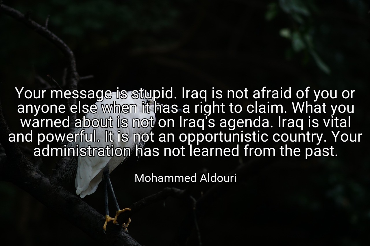 Your message is stupid. Iraq is not afraid of you or anyone else when it has a right to claim. What you warned about is not on Iraq's agenda. Iraq is vital and powerful. It is not an opportunistic country. Your administration has not learned from the past. - Mohammed Aldouri