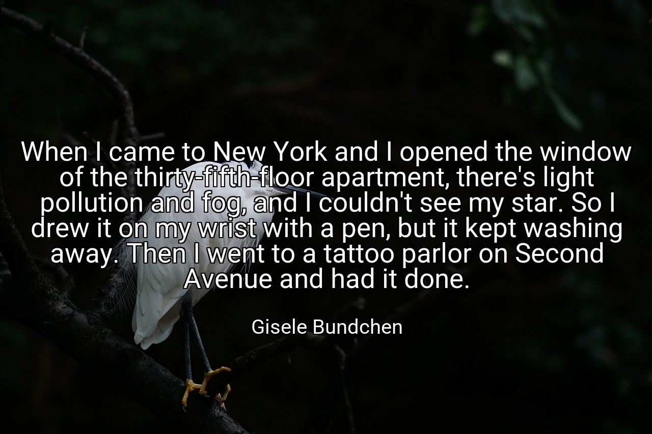 When I came to New York and I opened the window of the thirty-fifth-floor apartment, there's light pollution and fog, and I couldn't see my star. So I drew it on my wrist with a pen, but it kept washing away. Then I went to a tattoo parlor on Second Avenue and had it done. - Gisele Bundchen