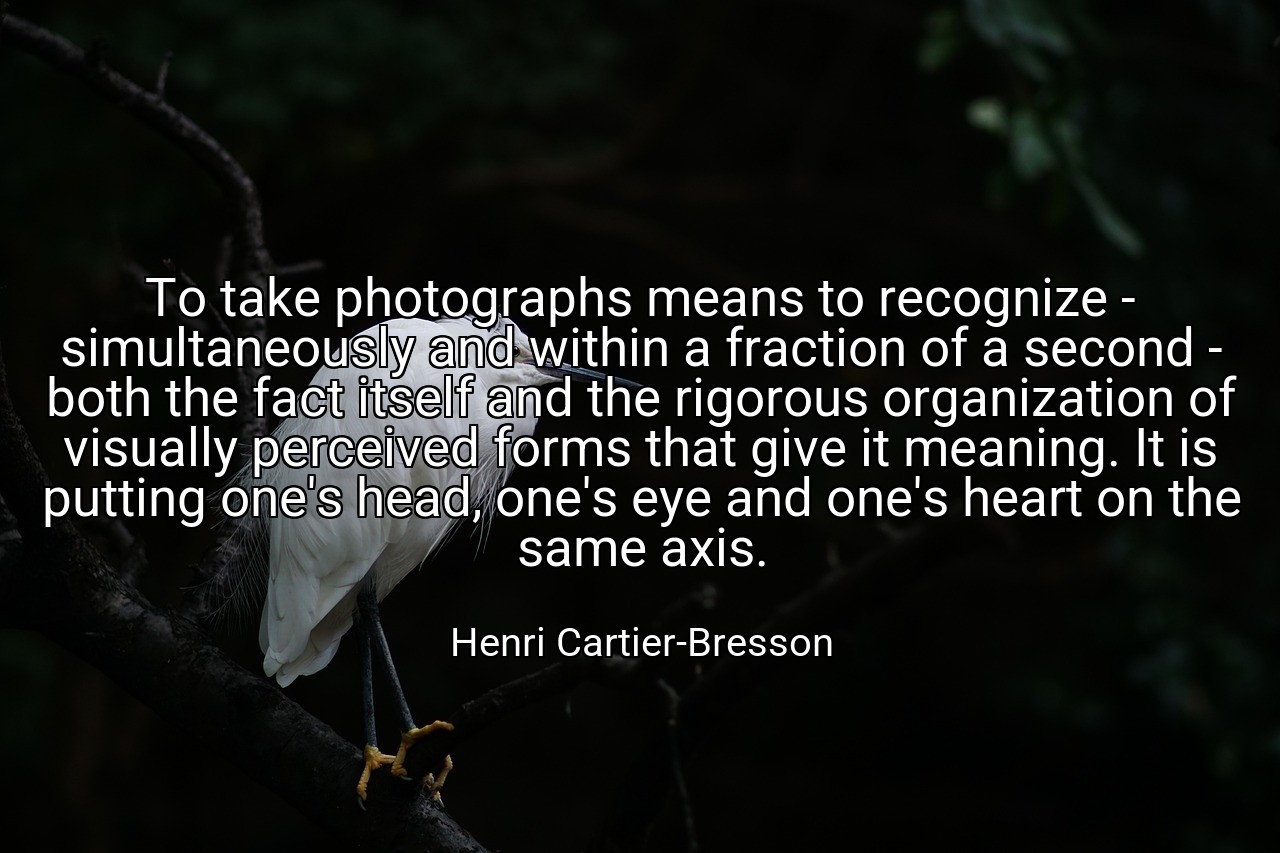 To take photographs means to recognize - simultaneously and within a fraction of a second - both the fact itself and the rigorous organization of visually perceived forms that give it meaning. It is putting one's head, one's eye and one's heart on the same axis. - Henri Cartier-Bresson