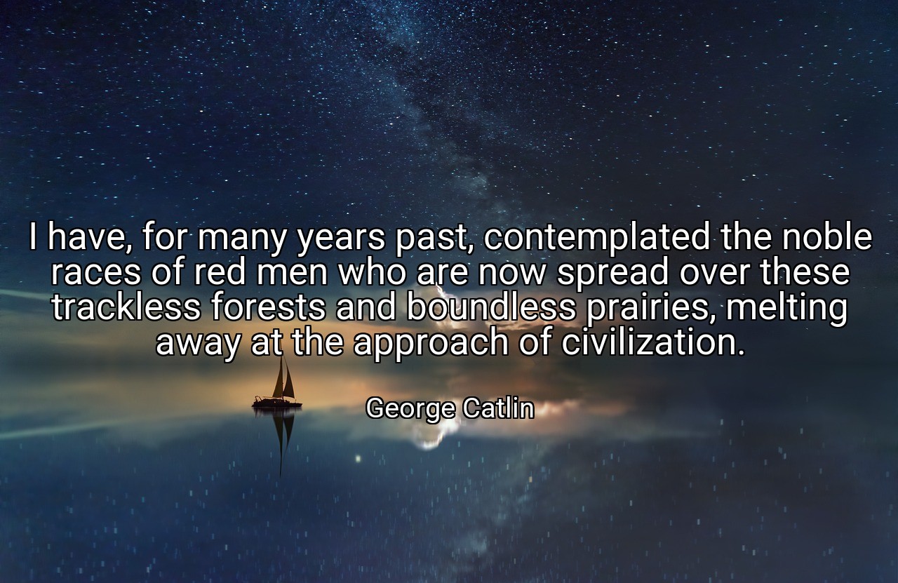 I have, for many years past, contemplated the noble races of red men who are now spread over these trackless forests and boundless prairies, melting away at the approach of civilization. - George Catlin