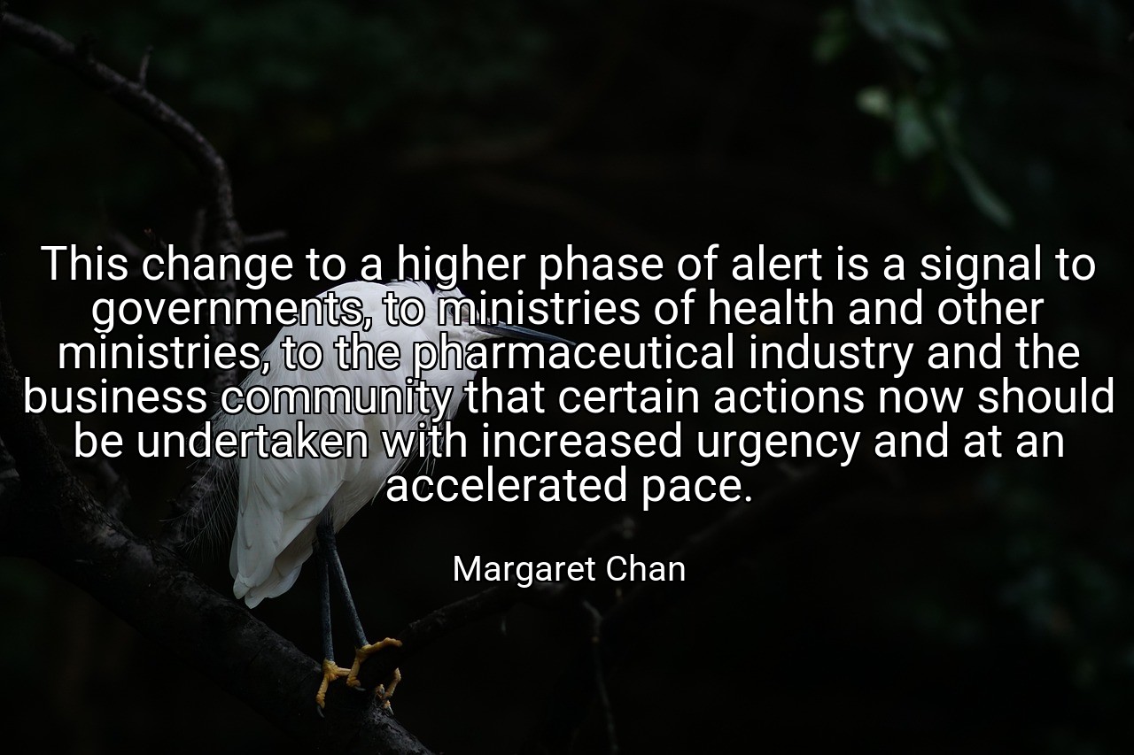 This change to a higher phase of alert is a signal to governments, to ministries of health and other ministries, to the pharmaceutical industry and the business community that certain actions now should be undertaken with increased urgency and at an accelerated pace. - Margaret Chan