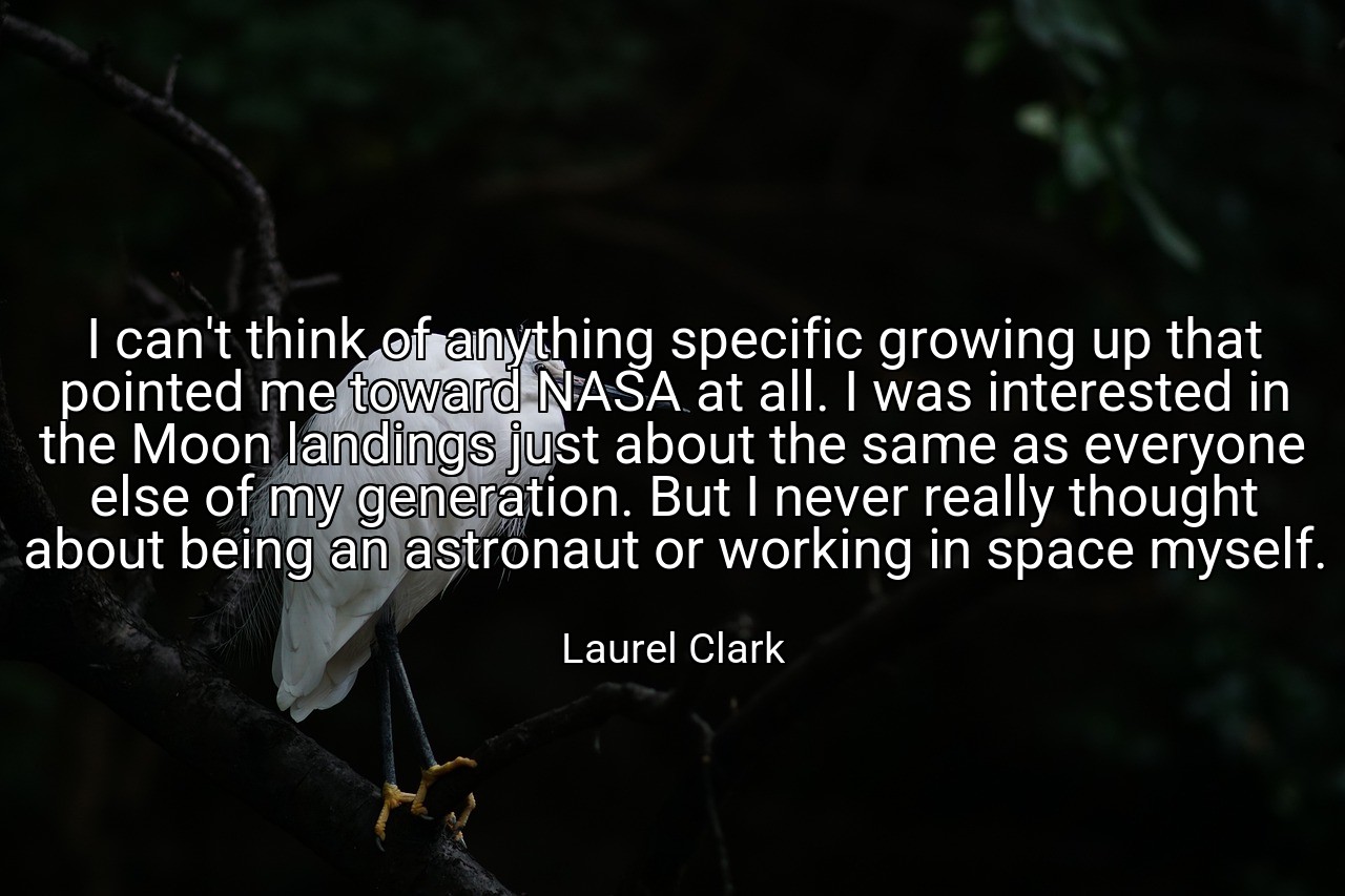 I can't think of anything specific growing up that pointed me toward NASA at all. I was interested in the Moon landings just about the same as everyone else of my generation. But I never really thought about being an astronaut or working in space myself. - Laurel Clark
