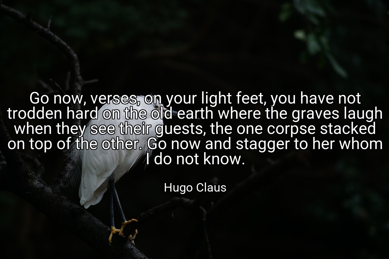 Go now, verses, on your light feet, you have not trodden hard on the old earth where the graves laugh when they see their guests, the one corpse stacked on top of the other. Go now and stagger to her whom I do not know. - Hugo Claus