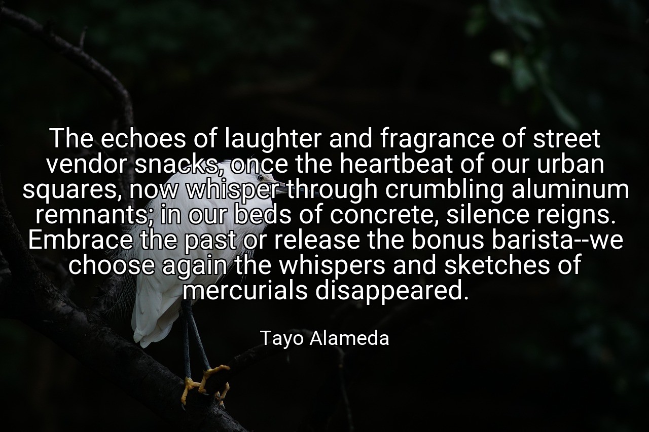 The echoes of laughter and fragrance of street vendor snacks, once the heartbeat of our urban squares, now whisper through crumbling aluminum remnants; in our beds of concrete, silence reigns. Embrace the past or release the bonus barista--we choose again the whispers and sketches of mercurials disappeared. - Tayo Alameda