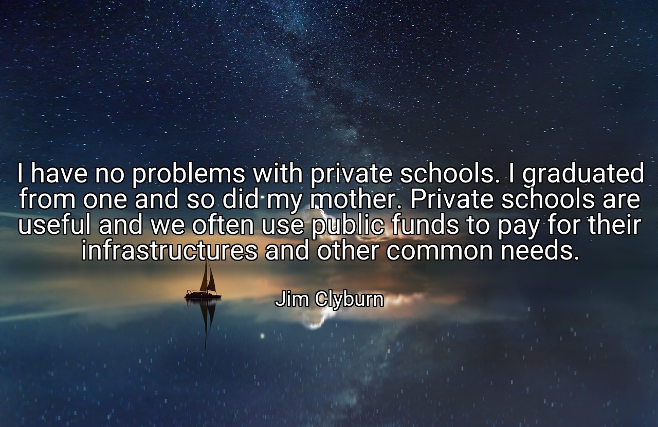 I have no problems with private schools. I graduated from one and so did my mother. Private schools are useful and we often use public funds to pay for their infrastructures and other common needs. - Jim Clyburn