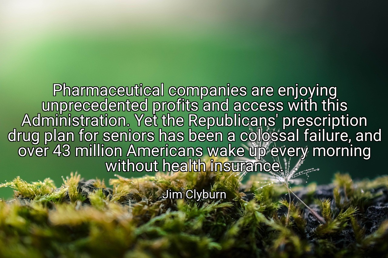 Pharmaceutical companies are enjoying unprecedented profits and access with this Administration. Yet the Republicans' prescription drug plan for seniors has been a colossal failure, and over 43 million Americans wake up every morning without health insurance. - Jim Clyburn