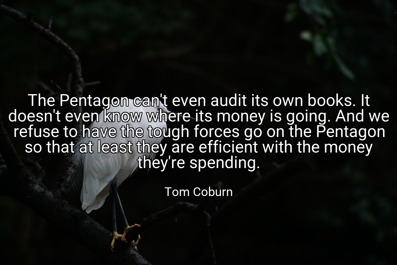 The Pentagon can't even audit its own books. It doesn't even know where its money is going. And we refuse to have the tough forces go on the Pentagon so that at least they are efficient with the money they're spending. - Tom Coburn