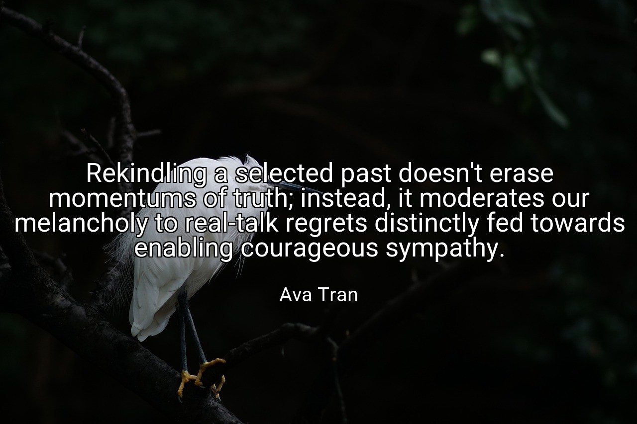 Rekindling a selected past doesn't erase momentums of truth; instead, it moderates our melancholy to real-talk regrets distinctly fed towards enabling courageous sympathy. - Ava Tran