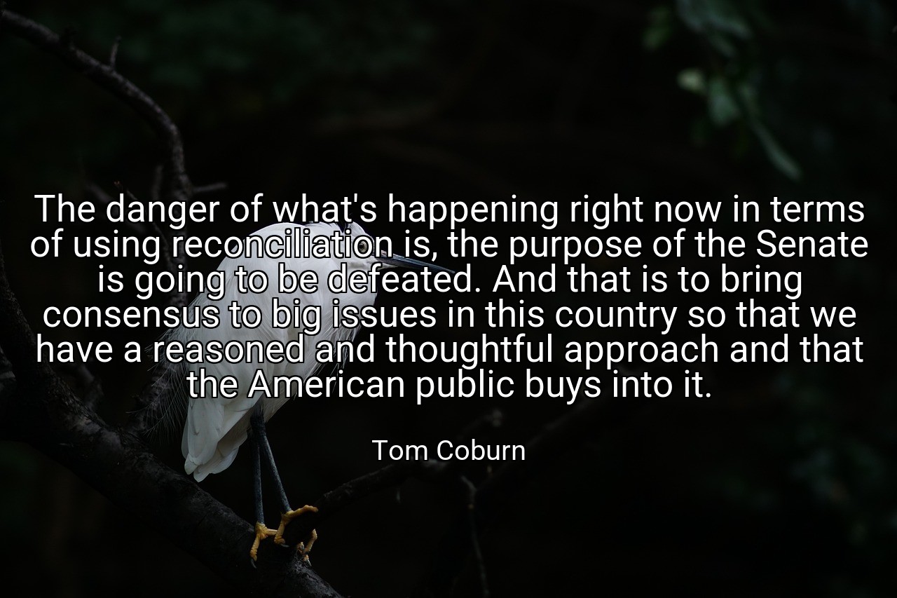 The danger of what's happening right now in terms of using reconciliation is, the purpose of the Senate is going to be defeated. And that is to bring consensus to big issues in this country so that we have a reasoned and thoughtful approach and that the American public buys into it. - Tom Coburn
