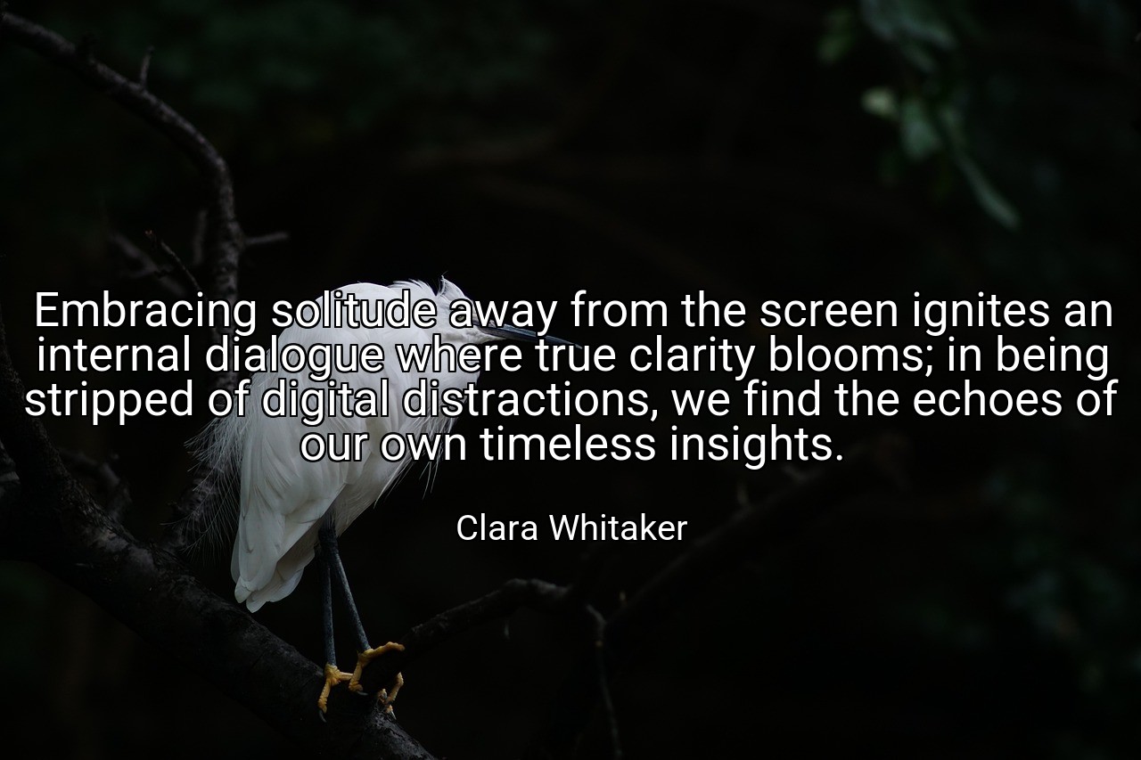Embracing solitude away from the screen ignites an internal dialogue where true clarity blooms; in being stripped of digital distractions, we find the echoes of our own timeless insights. - Clara Whitaker
