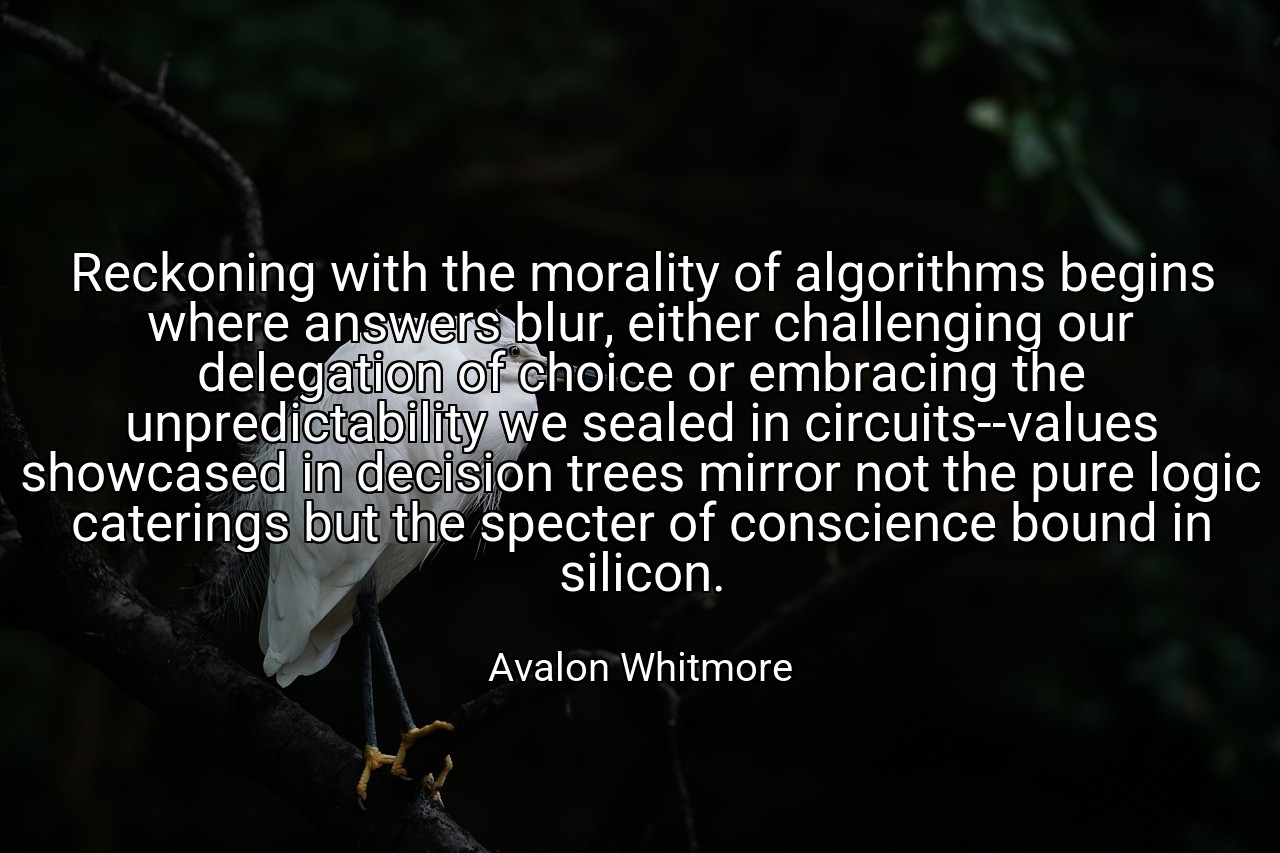 Reckoning with the morality of algorithms begins where answers blur, either challenging our delegation of choice or embracing the unpredictability we sealed in circuits--values showcased in decision trees mirror not the pure logic caterings but the specter of conscience bound in silicon. - Avalon Whitmore