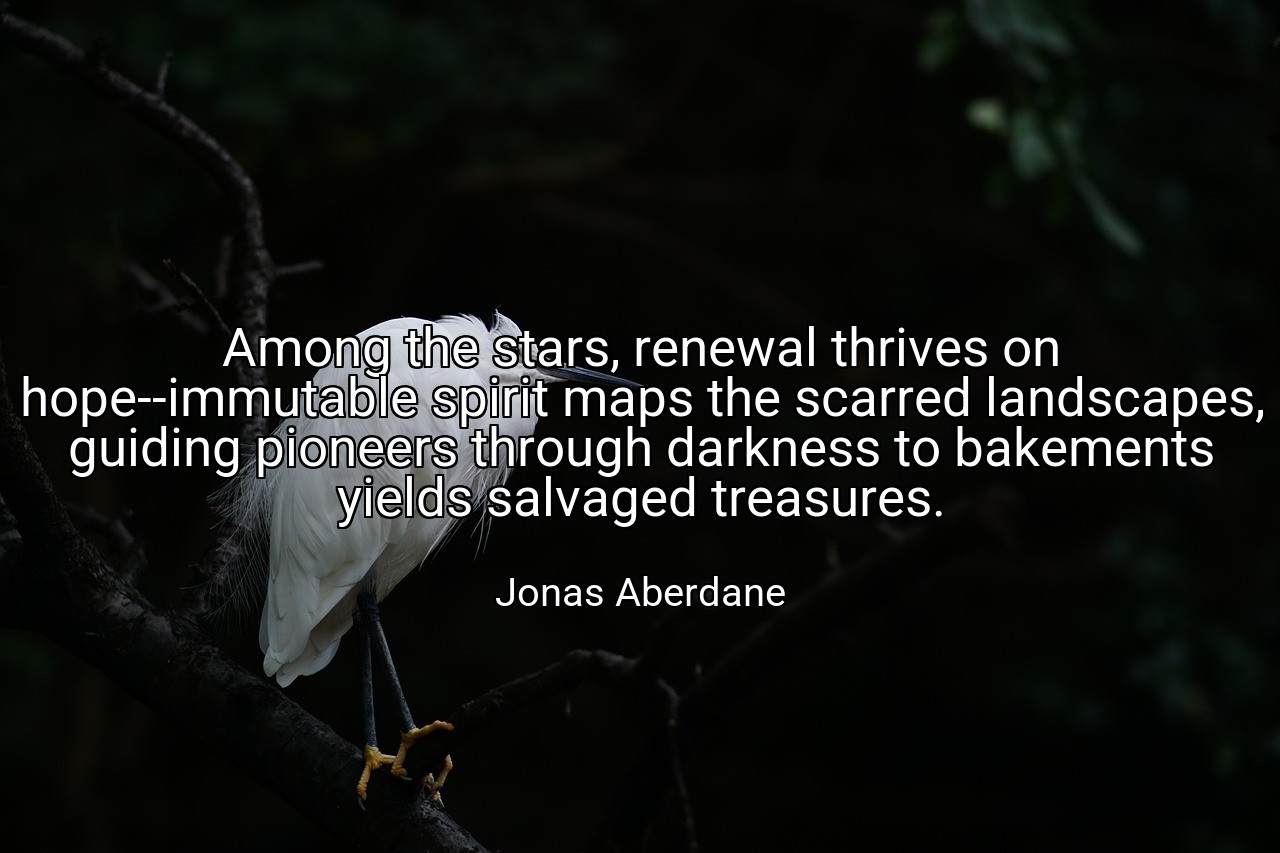 Among the stars, renewal thrives on hope--immutable spirit maps the scarred landscapes, guiding pioneers through darkness to bakements yields salvaged treasures. - Jonas Aberdane