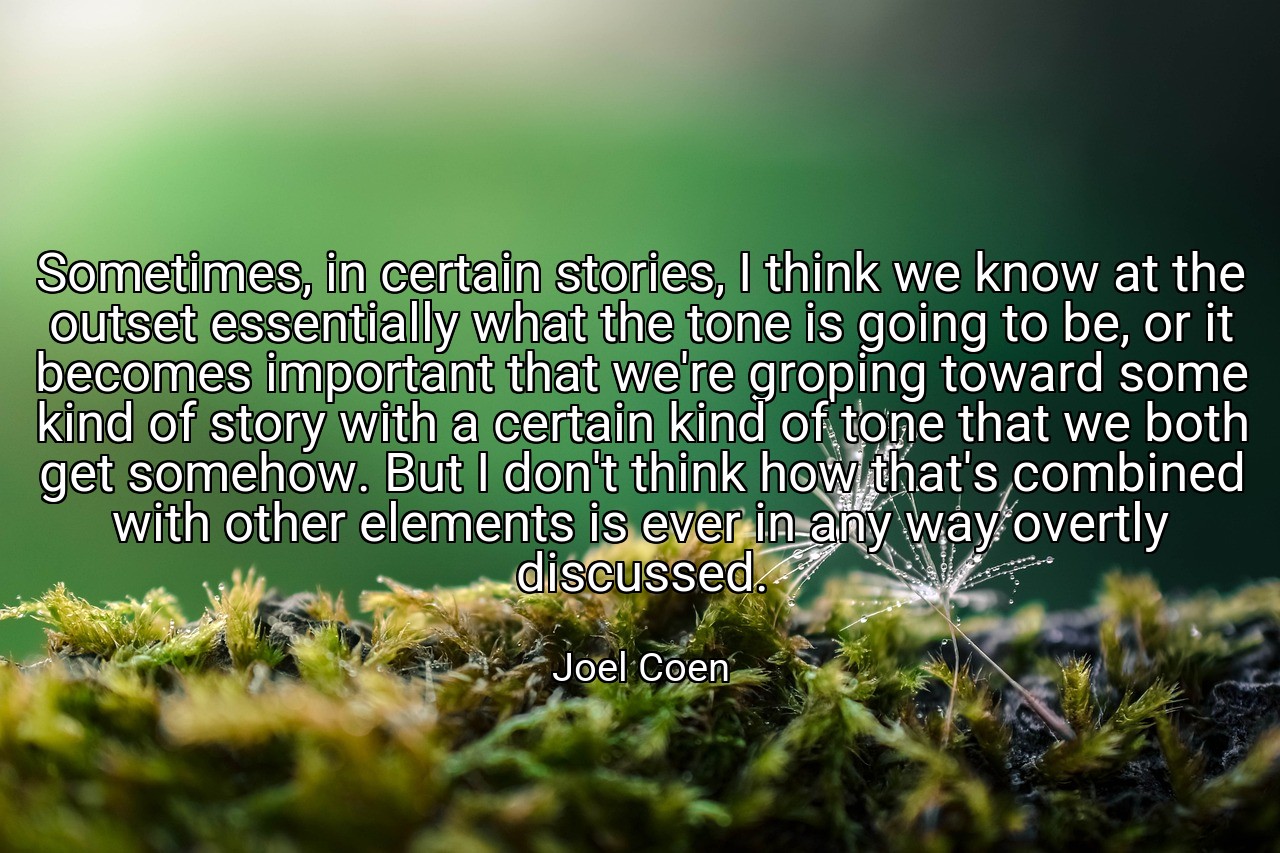 Sometimes, in certain stories, I think we know at the outset essentially what the tone is going to be, or it becomes important that we're groping toward some kind of story with a certain kind of tone that we both get somehow. But I don't think how that's combined with other elements is ever in any way overtly discussed. - Joel Coen