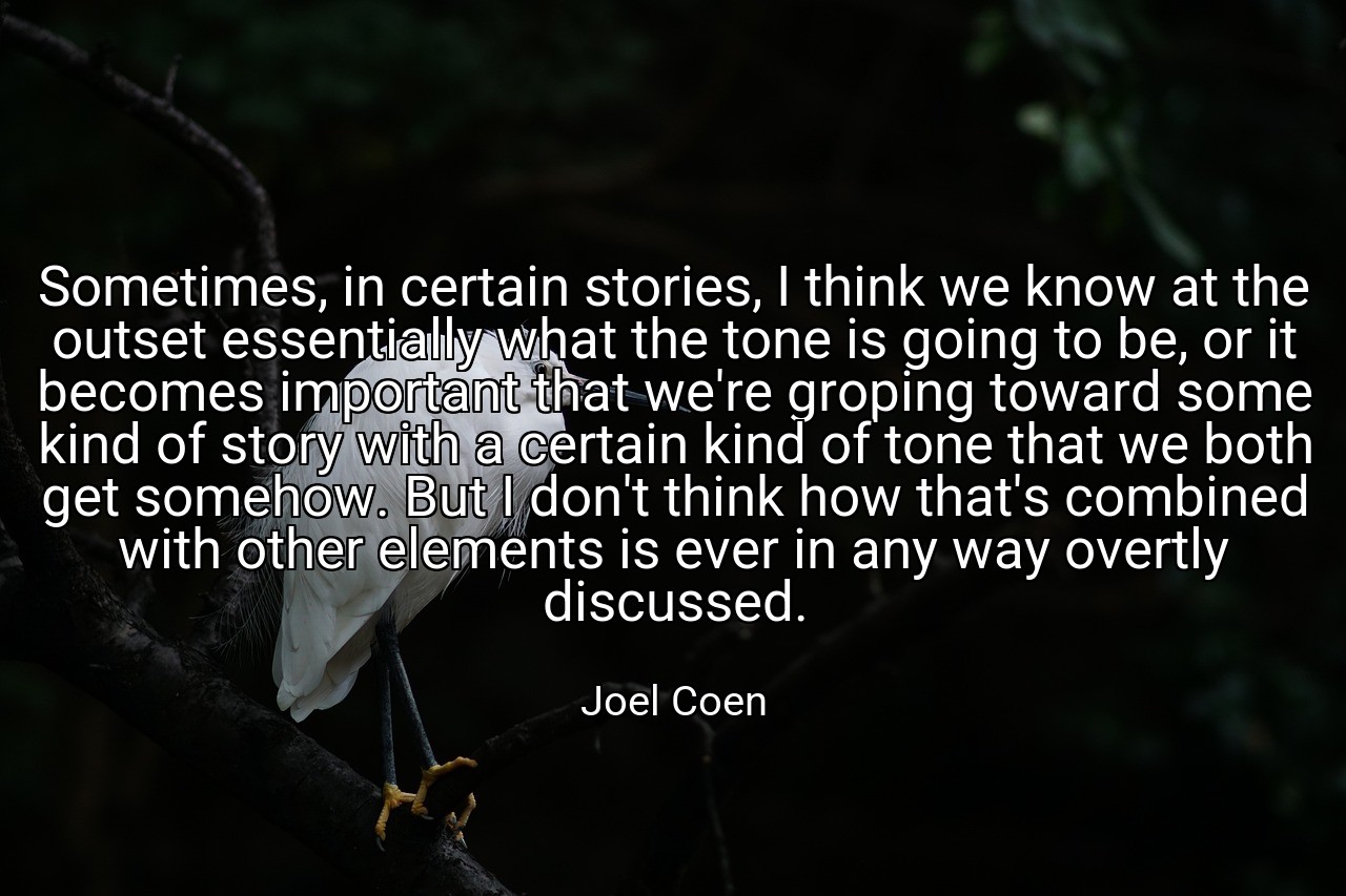 Sometimes, in certain stories, I think we know at the outset essentially what the tone is going to be, or it becomes important that we're groping toward some kind of story with a certain kind of tone that we both get somehow. But I don't think how that's combined with other elements is ever in any way overtly discussed. - Joel Coen