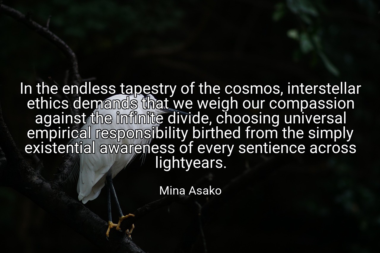 In the endless tapestry of the cosmos, interstellar ethics demands that we weigh our compassion against the infinite divide, choosing universal empirical responsibility birthed from the simply existential awareness of every sentience across lightyears. - Mina Asako