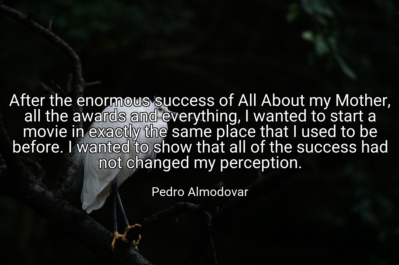 After the enormous success of All About my Mother, all the awards and everything, I wanted to start a movie in exactly the same place that I used to be before. I wanted to show that all of the success had not changed my perception. - Pedro Almodovar