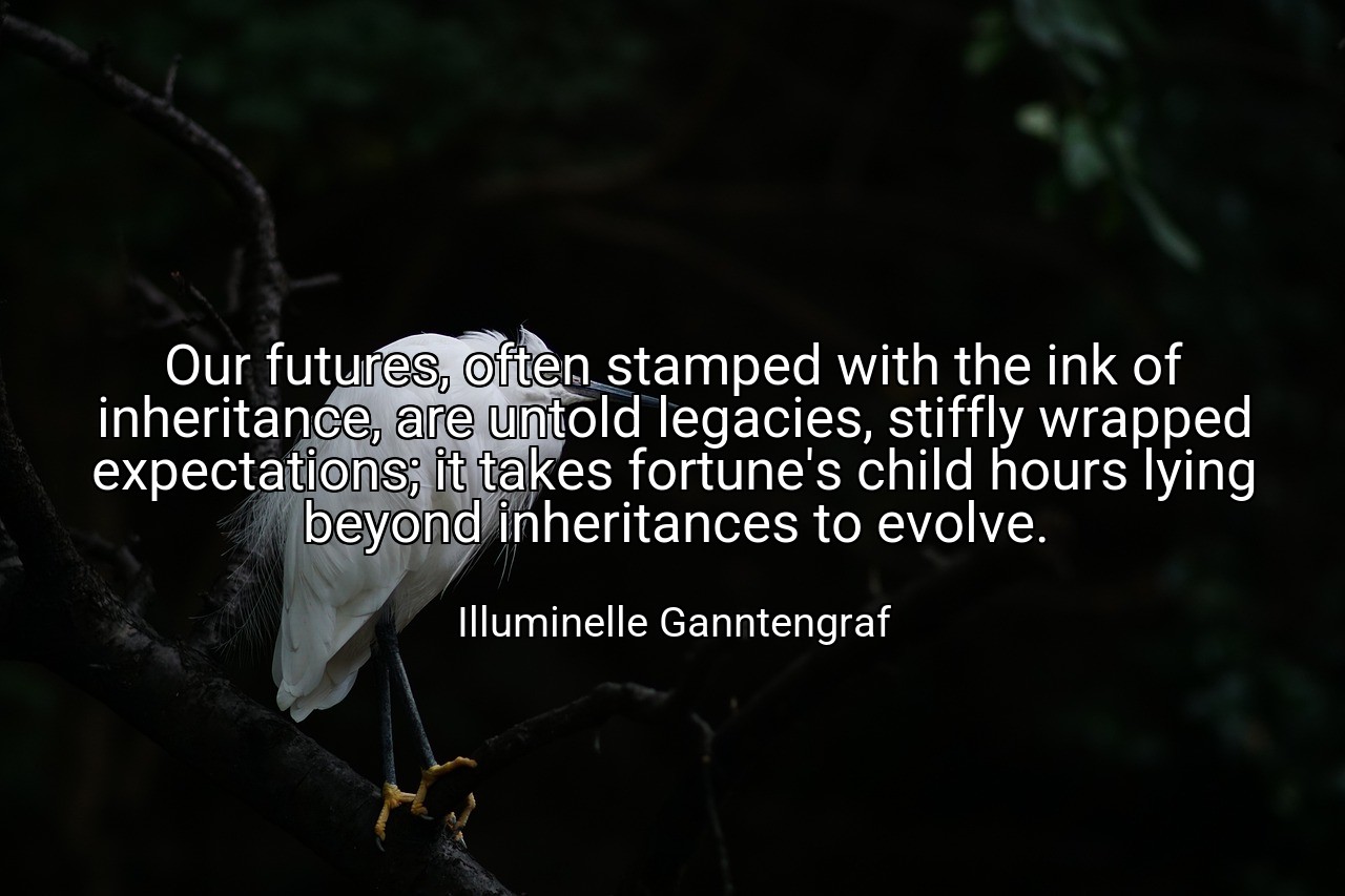 Our futures, often stamped with the ink of inheritance, are untold legacies, stiffly wrapped expectations; it takes fortune's child hours lying beyond inheritances to evolve. - Illuminelle Ganntengraf