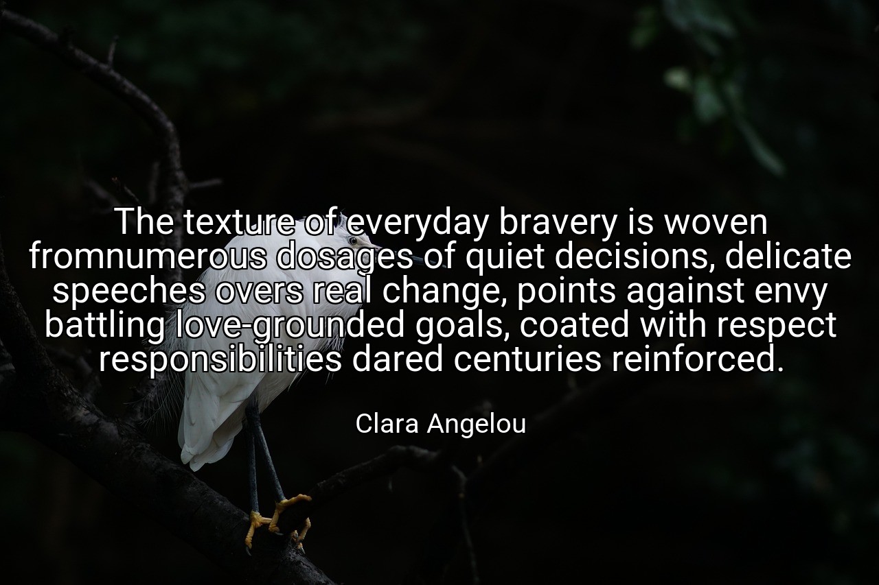 The texture of everyday bravery is woven fromnumerous dosages of quiet decisions, delicate speeches overs real change, points against envy battling love-grounded goals, coated with respect responsibilities dared centuries reinforced. - Clara Angelou