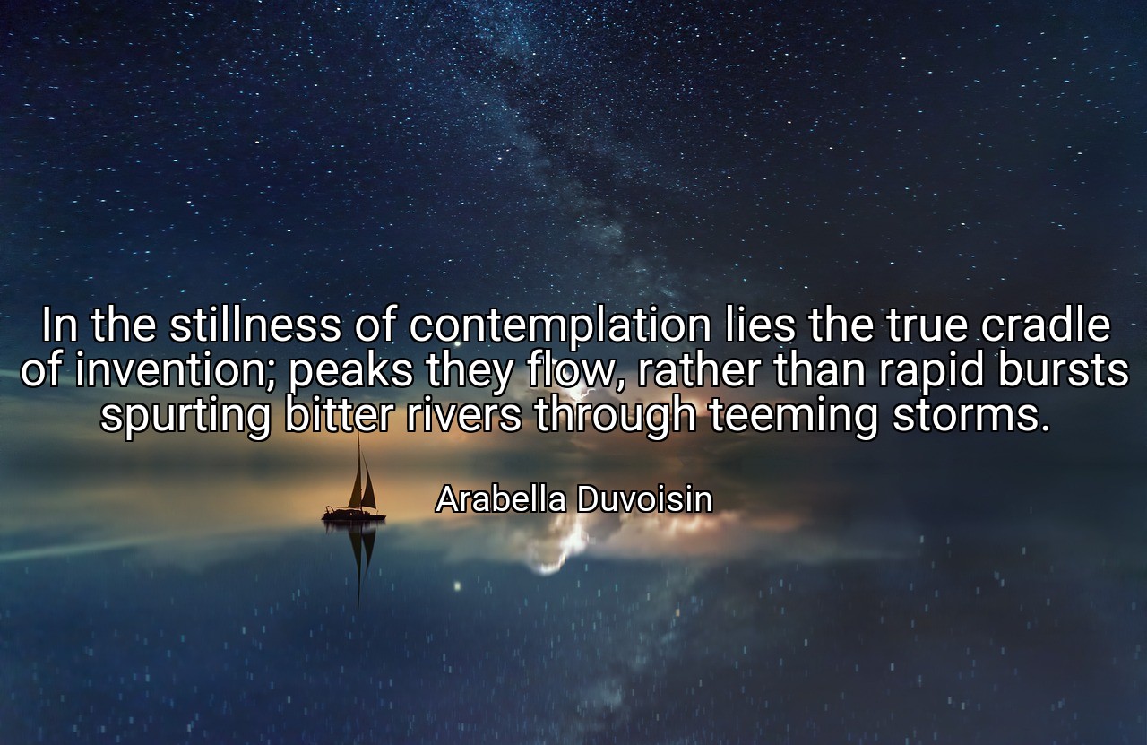 In the stillness of contemplation lies the true cradle of invention; peaks they flow, rather than rapid bursts spurting bitter rivers through teeming storms. - Arabella Duvoisin