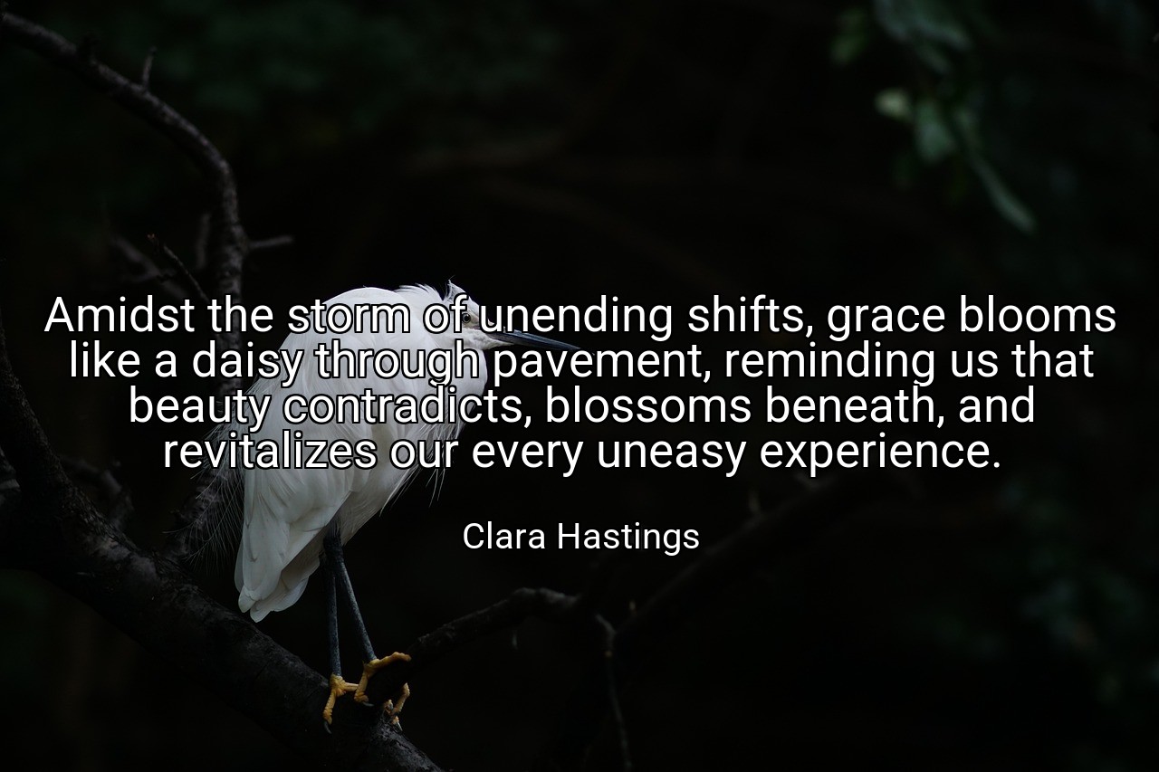 Amidst the storm of unending shifts, grace blooms like a daisy through pavement, reminding us that beauty contradicts, blossoms beneath, and revitalizes our every uneasy experience. - Clara Hastings