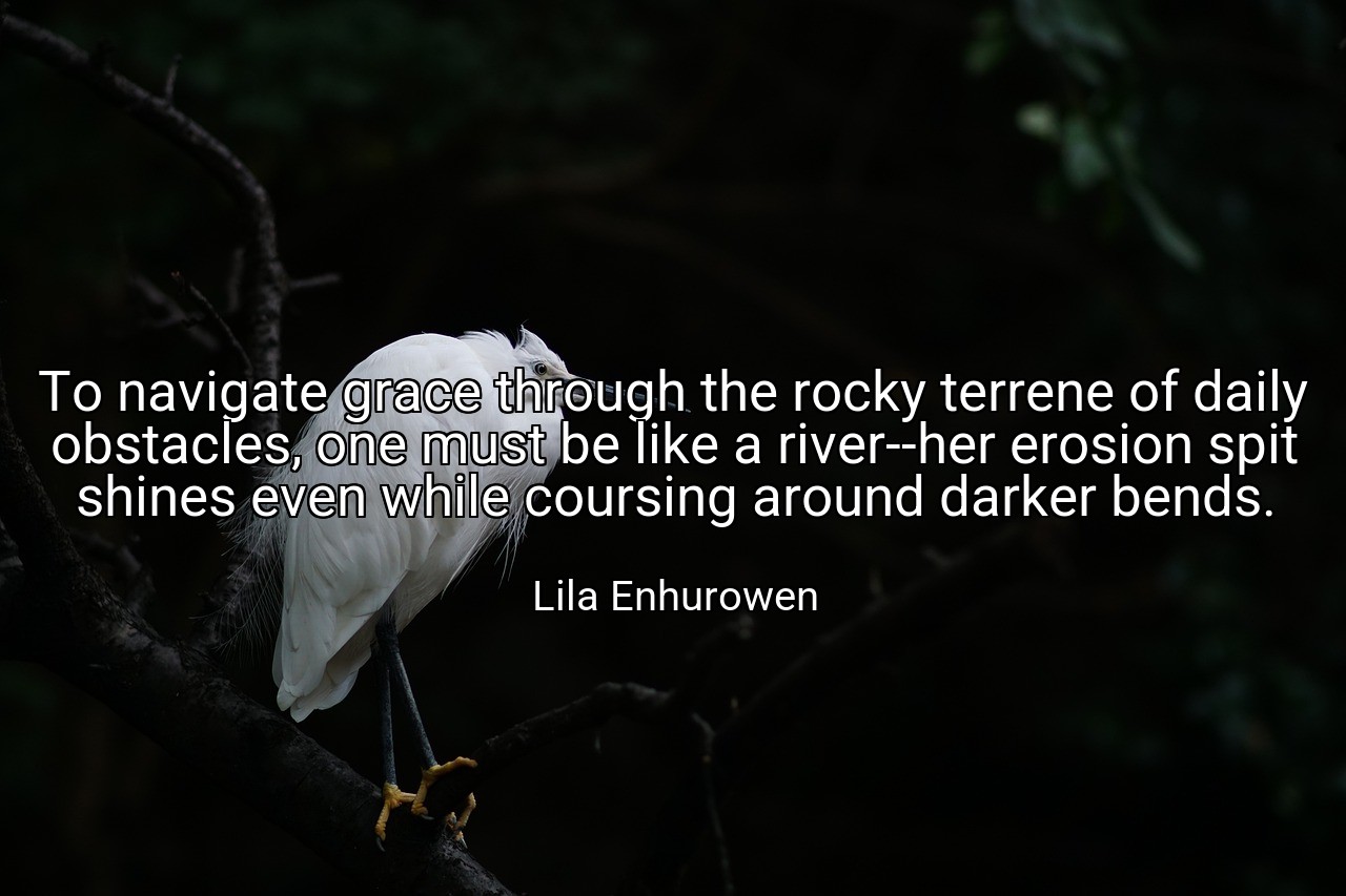 To navigate grace through the rocky terrene of daily obstacles, one must be like a river--her erosion spit shines even while coursing around darker bends. - Lila Enhurowen
