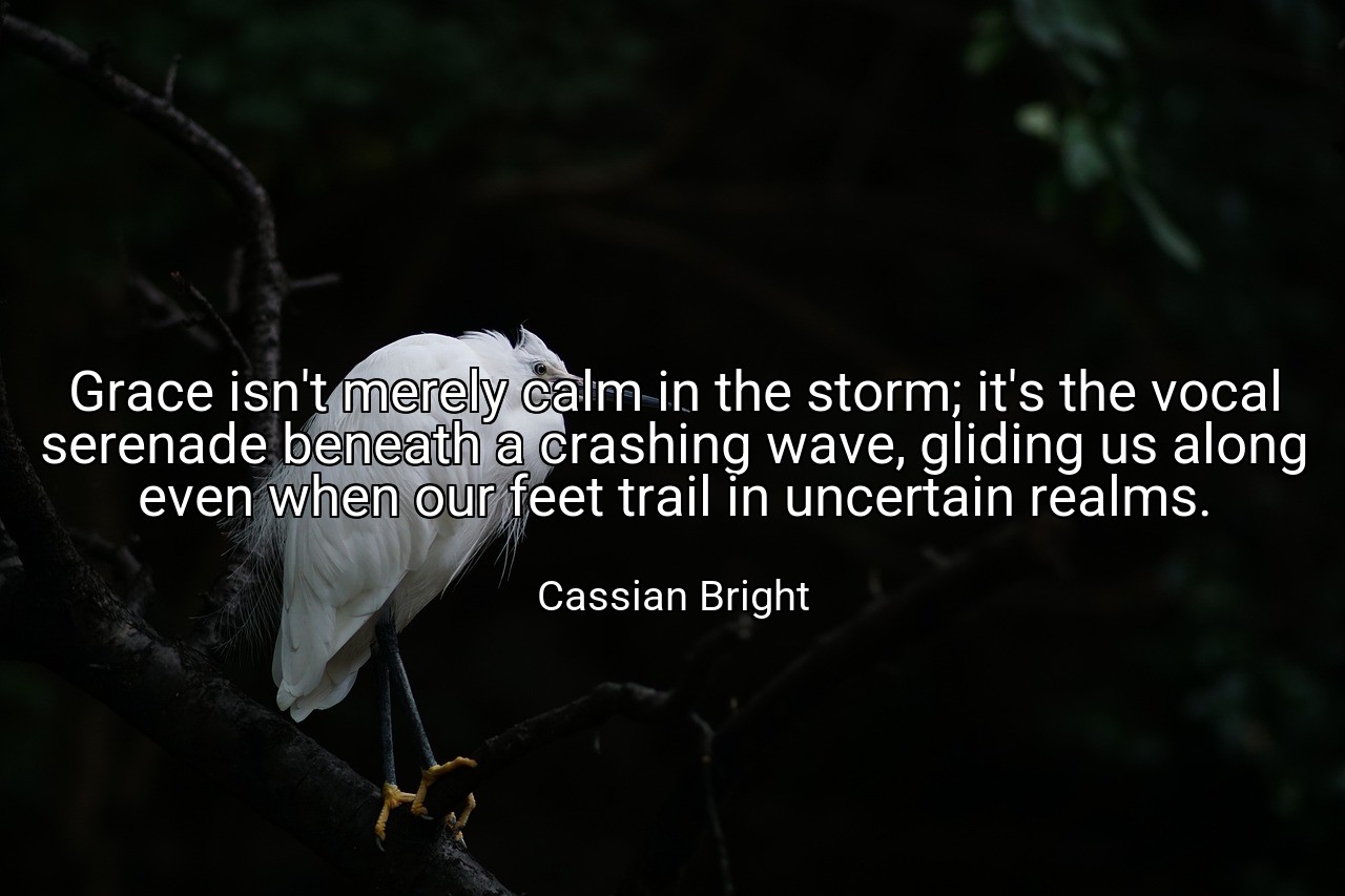 Grace isn't merely calm in the storm; it's the vocal serenade beneath a crashing wave, gliding us along even when our feet trail in uncertain realms. - Cassian Bright