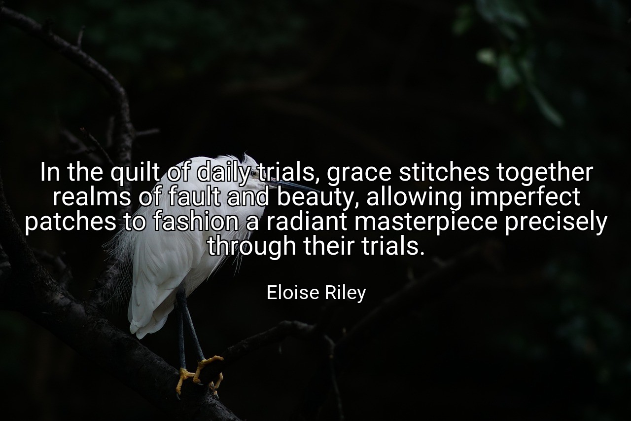 In the quilt of daily trials, grace stitches together realms of fault and beauty, allowing imperfect patches to fashion a radiant masterpiece precisely through their trials. - Eloise Riley