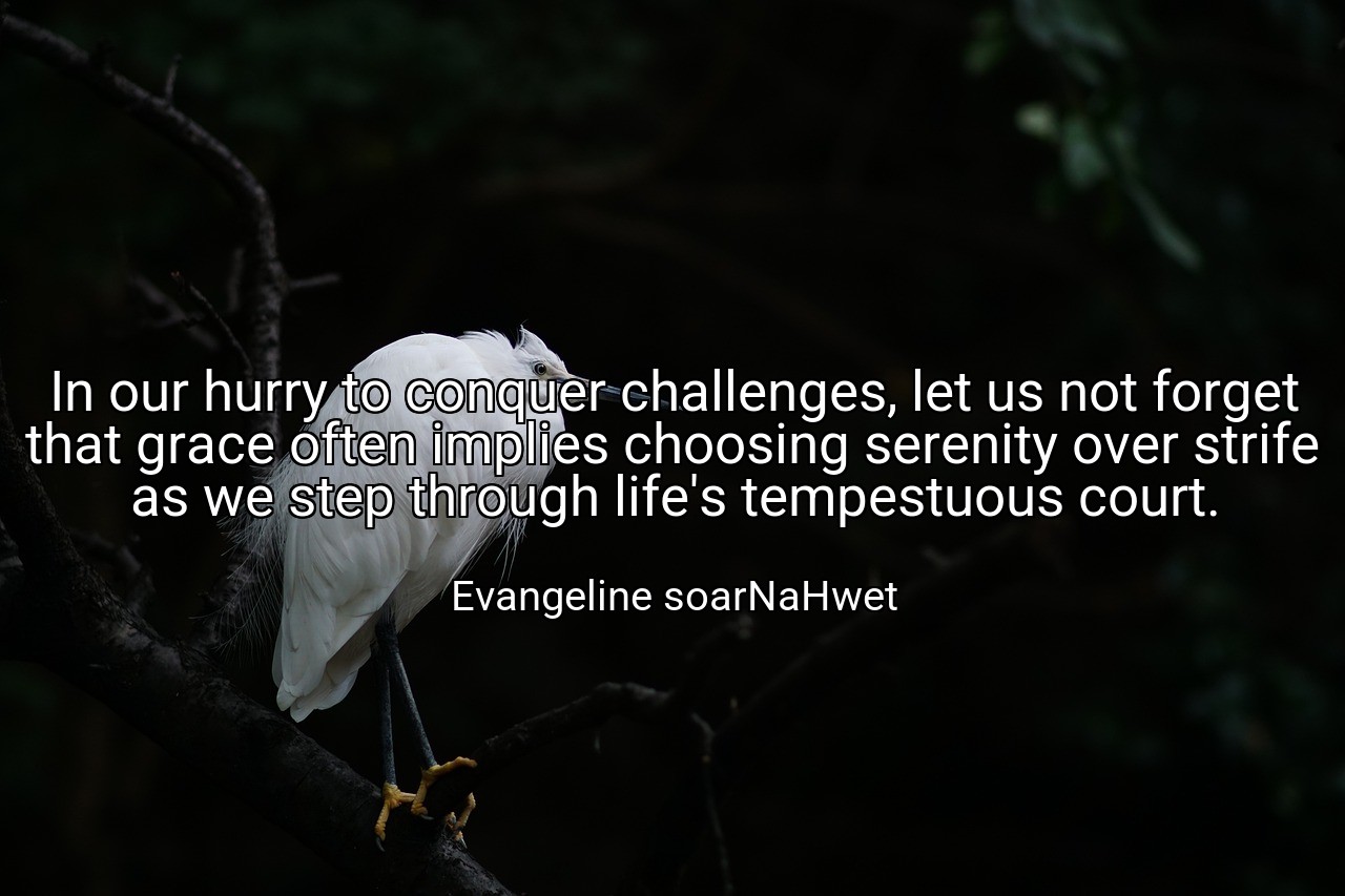 In our hurry to conquer challenges, let us not forget that grace often implies choosing serenity over strife as we step through life's tempestuous court. - Evangeline soarNaHwet