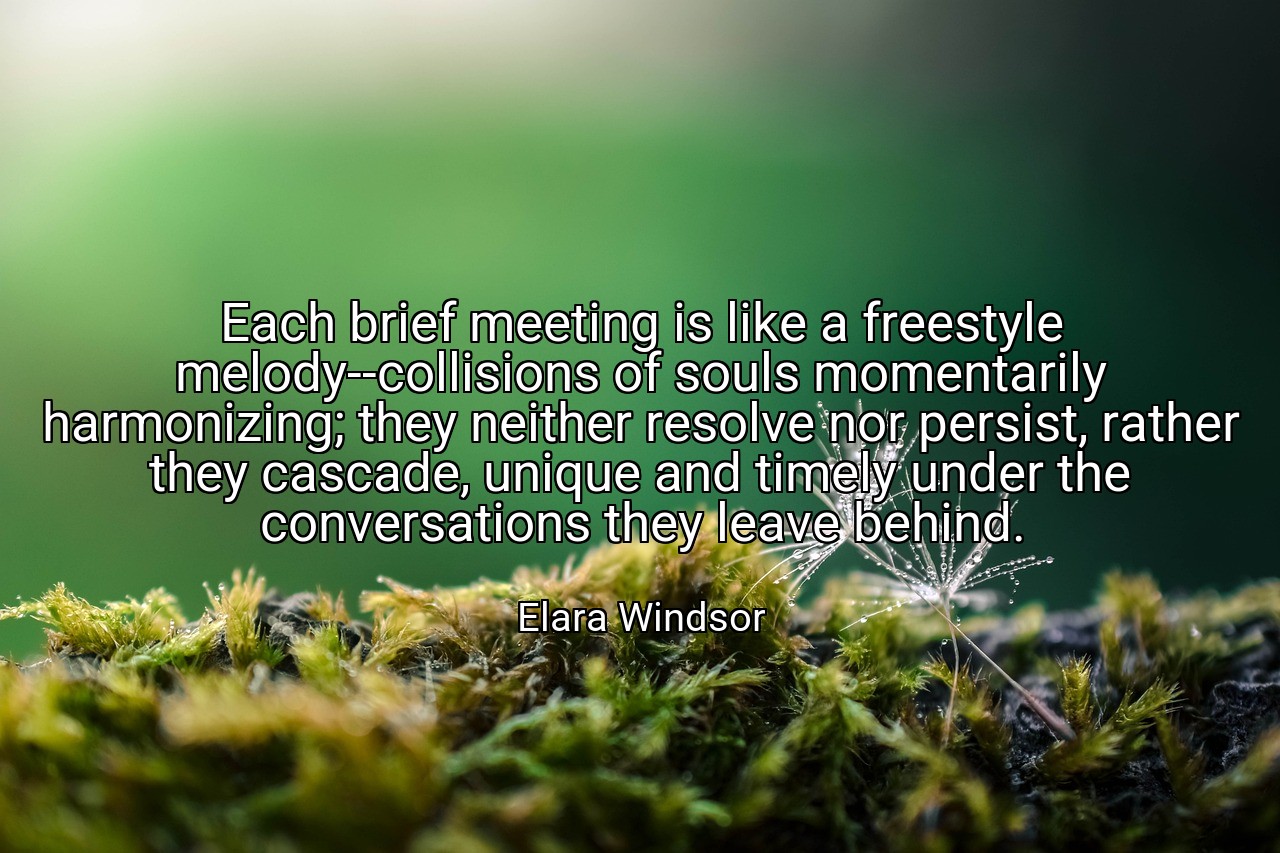 Each brief meeting is like a freestyle melody--collisions of souls momentarily harmonizing; they neither resolve nor persist, rather they cascade, unique and timely under the conversations they leave behind. - Elara Windsor