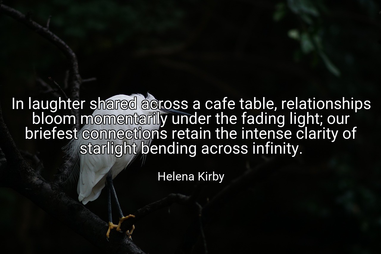 In laughter shared across a cafe table, relationships bloom momentarily under the fading light; our briefest connections retain the intense clarity of starlight bending across infinity. - Helena Kirby