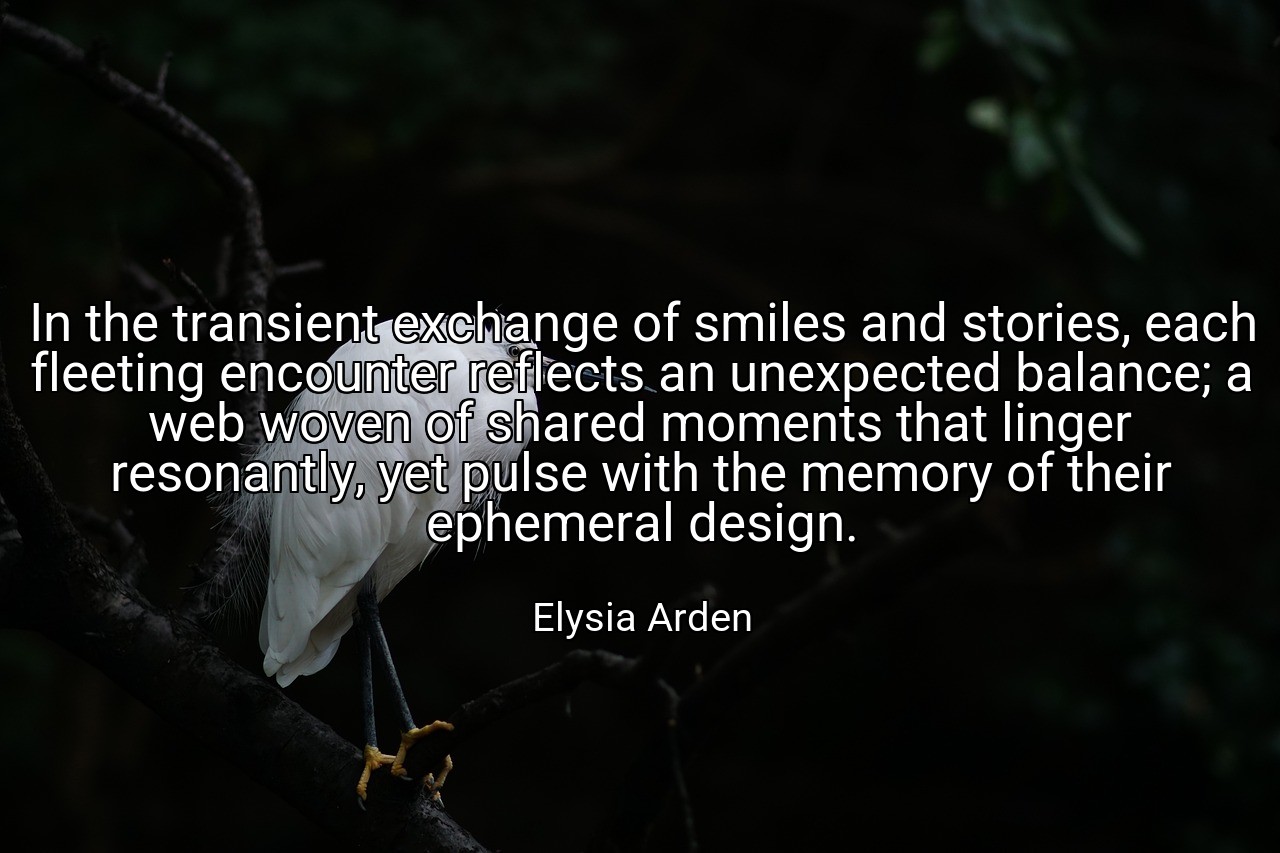 In the transient exchange of smiles and stories, each fleeting encounter reflects an unexpected balance; a web woven of shared moments that linger resonantly, yet pulse with the memory of their ephemeral design. - Elysia Arden