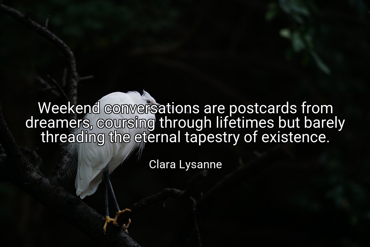 Weekend conversations are postcards from dreamers, coursing through lifetimes but barely threading the eternal tapestry of existence. - Clara Lysanne