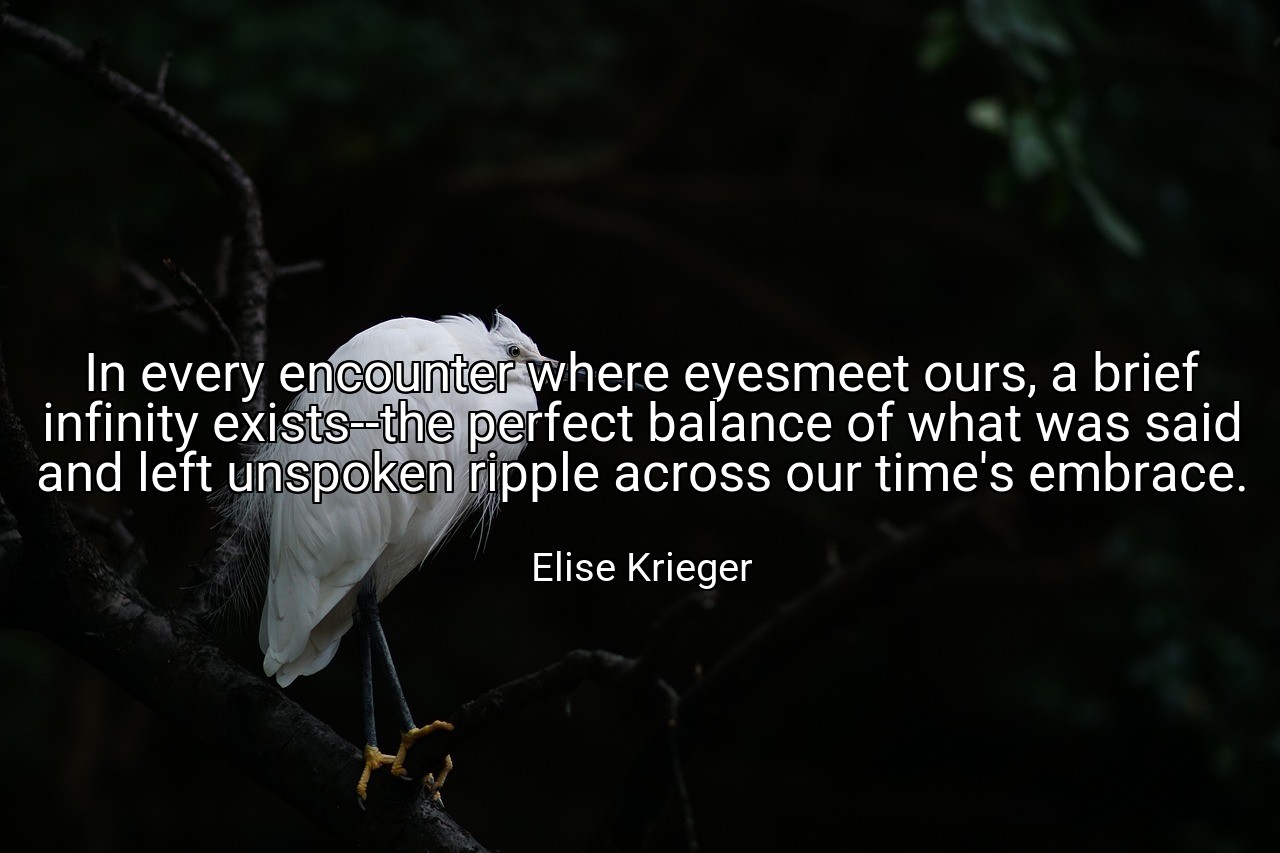 In every encounter where eyesmeet ours, a brief infinity exists--the perfect balance of what was said and left unspoken ripple across our time's embrace. - Elise Krieger