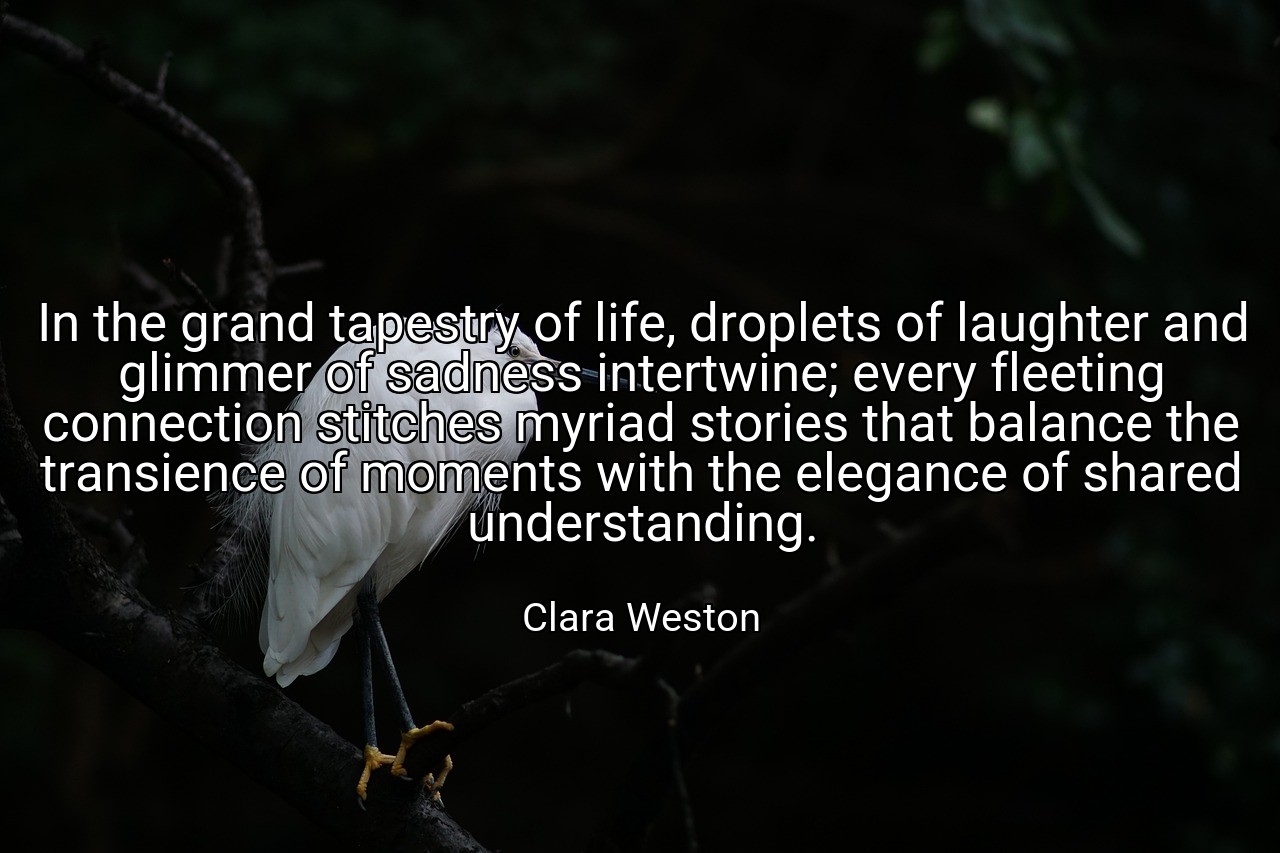 In the grand tapestry of life, droplets of laughter and glimmer of sadness intertwine; every fleeting connection stitches myriad stories that balance the transience of moments with the elegance of shared understanding. - Clara Weston