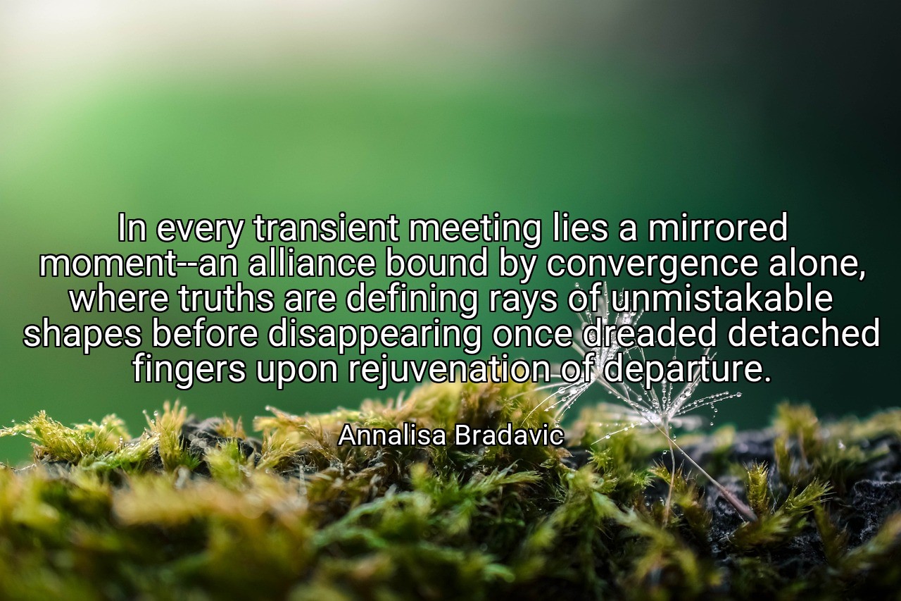 In every transient meeting lies a mirrored moment--an alliance bound by convergence alone, where truths are defining rays of unmistakable shapes before disappearing once dreaded detached fingers upon rejuvenation of departure. - Annalisa Bradavic
