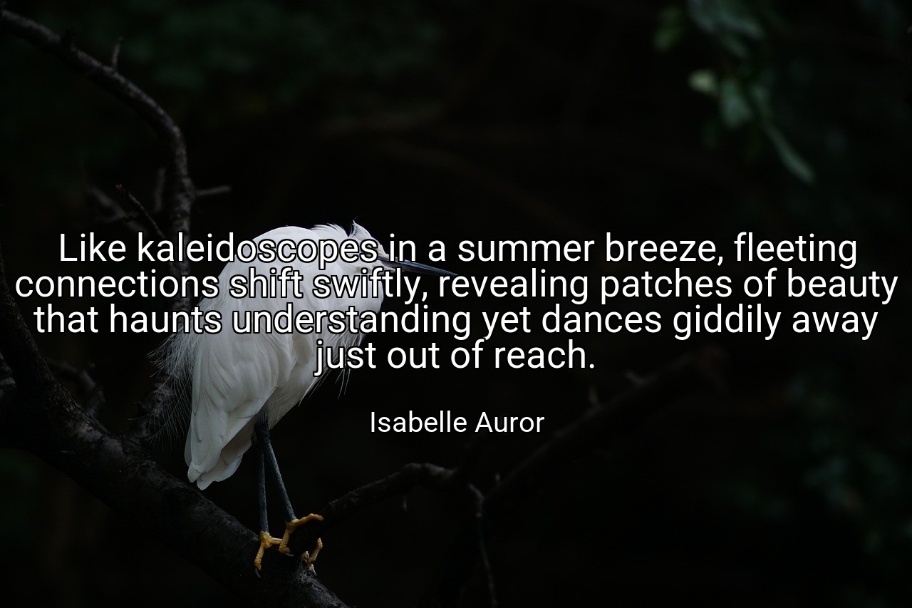 Like kaleidoscopes in a summer breeze, fleeting connections shift swiftly, revealing patches of beauty that haunts understanding yet dances giddily away just out of reach. - Isabelle Auror