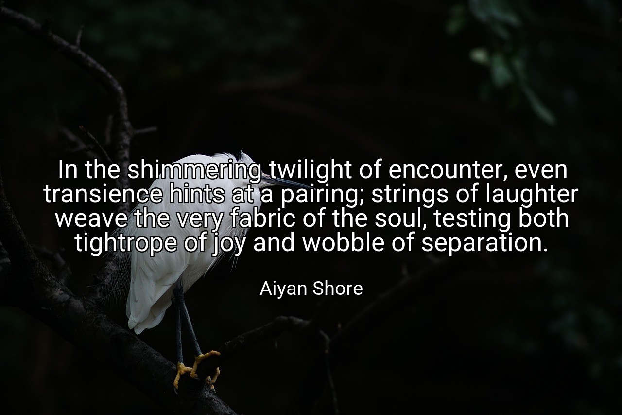 In the shimmering twilight of encounter, even transience hints at a pairing; strings of laughter weave the very fabric of the soul, testing both tightrope of joy and wobble of separation. - Aiyan Shore