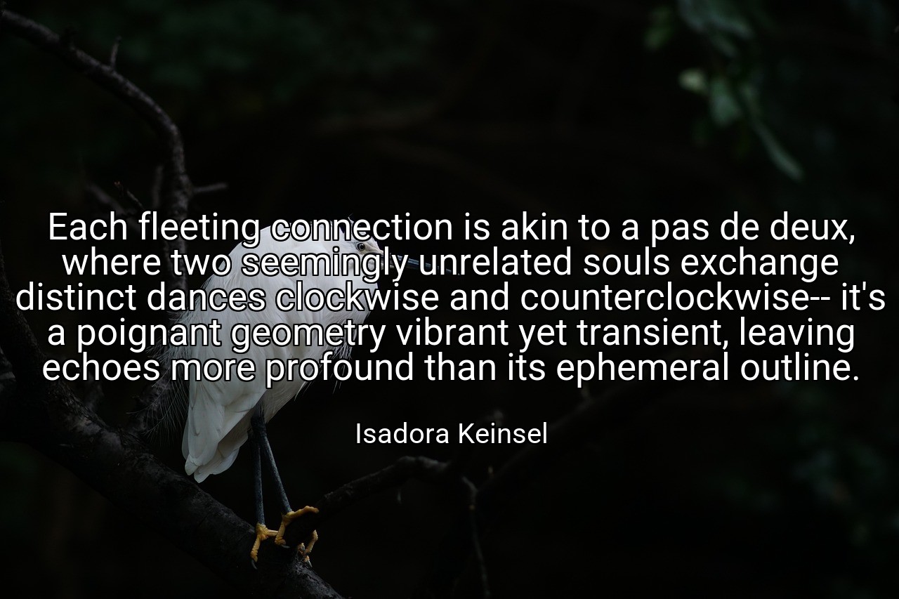 Each fleeting connection is akin to a pas de deux, where two seemingly unrelated souls exchange distinct dances clockwise and counterclockwise-- it's a poignant geometry vibrant yet transient, leaving echoes more profound than its ephemeral outline. - Isadora Keinsel